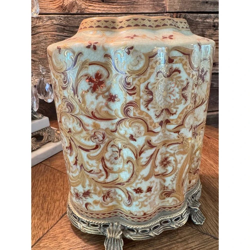 Amita Crackle Glaze Ceramic Jar with Ormolu Brass Base Floral Decorative Vase